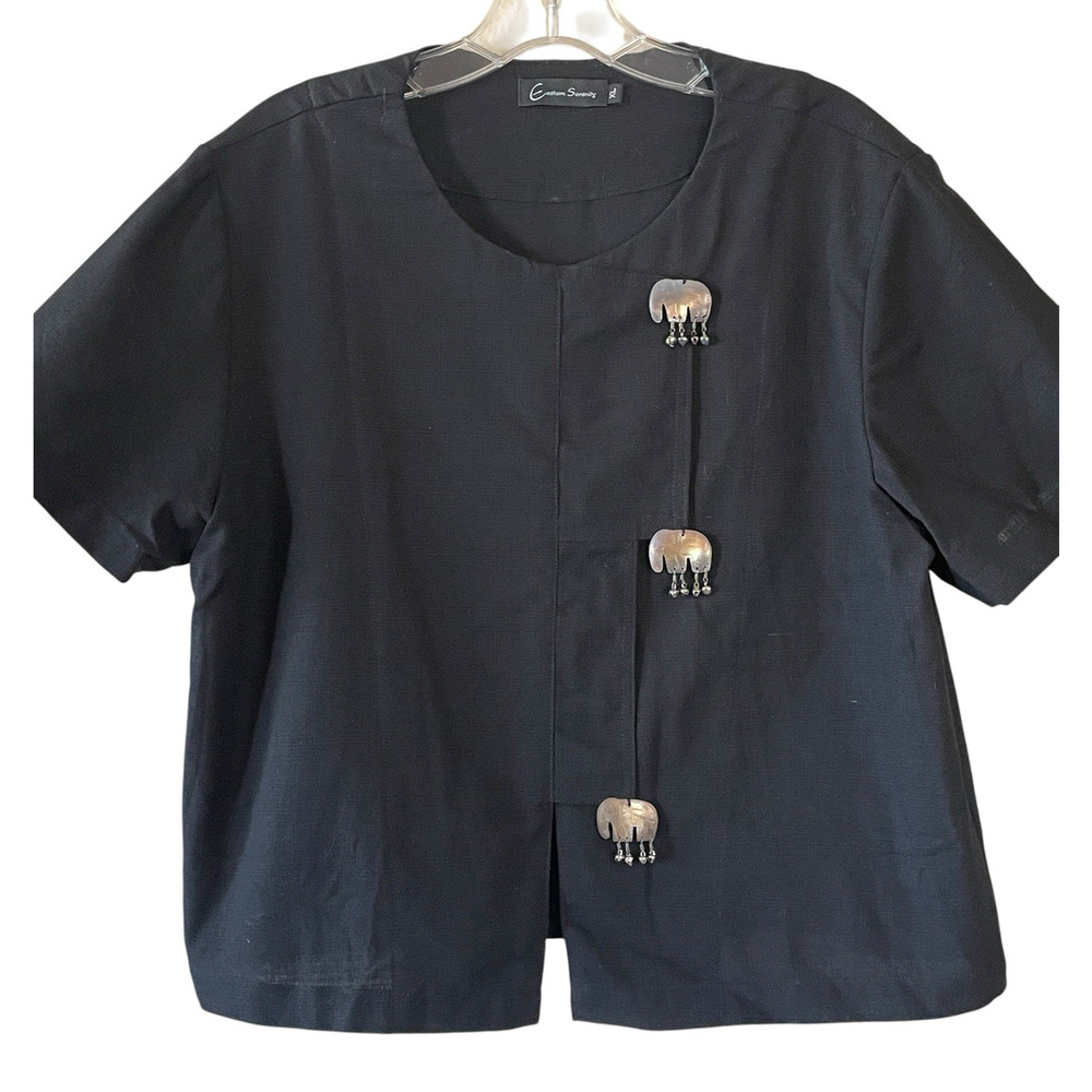 EASTERN SERENITY Women's Size XL Black Cotton Elephant Art Boxy Short Sleeve Top - Picture 8 of 8